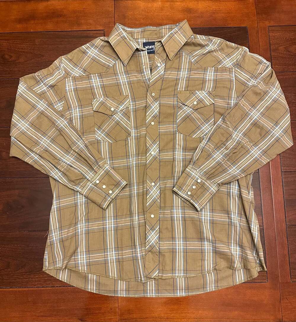 Wrangler Western Shirt Size XXL Brown Plaid Long Sleeve Pearl Snap